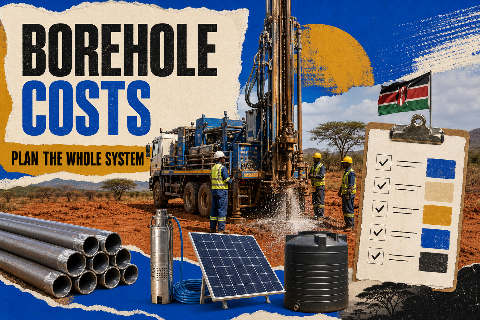 Editorial illustration of a Kenyan borehole project budget beside a drilling rig and geological layers