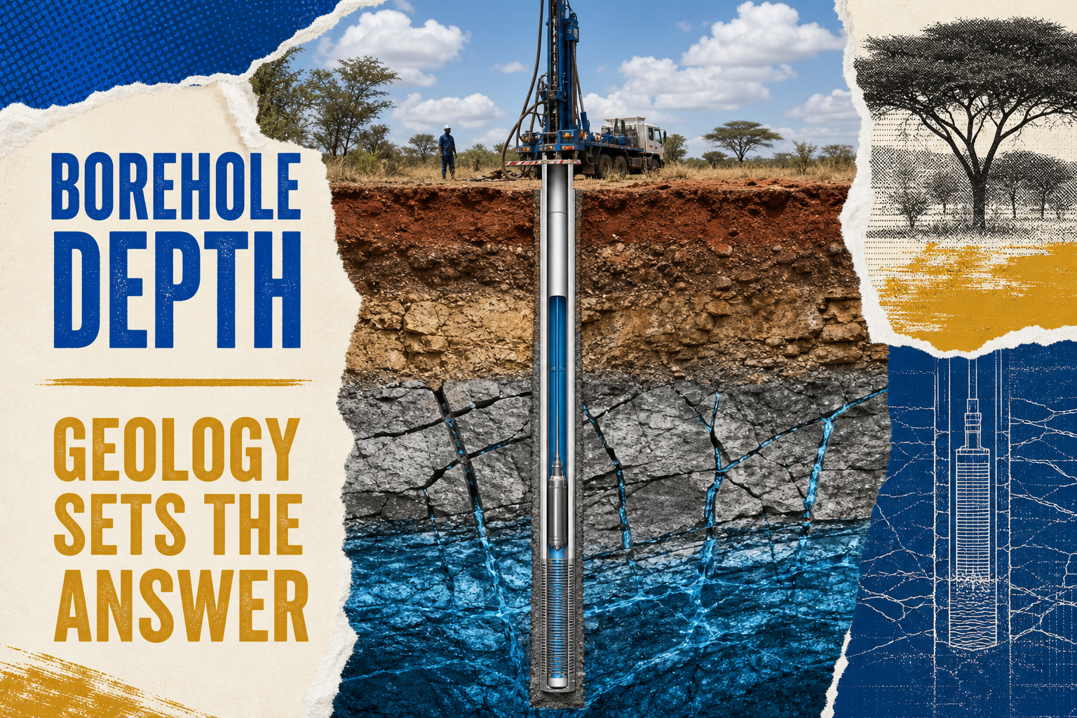 Cutaway diagram of a Kenyan borehole passing through soil and fractured rock to an aquifer