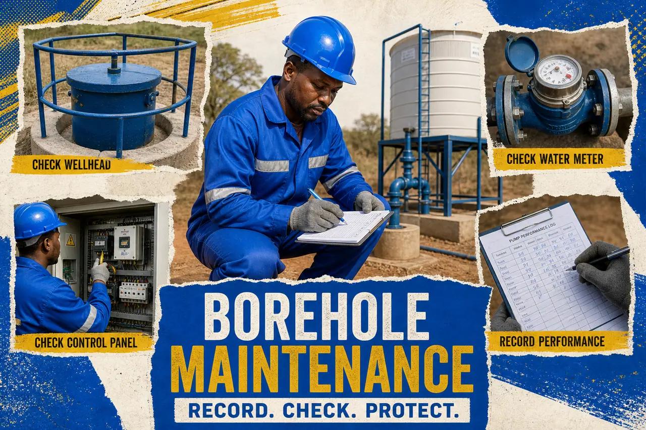 Technician inspecting a borehole pump control panel, meter and wellhead maintenance checklist