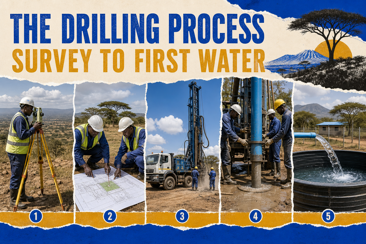 Five-stage visual journey from hydrogeological survey to a working borehole in Kenya