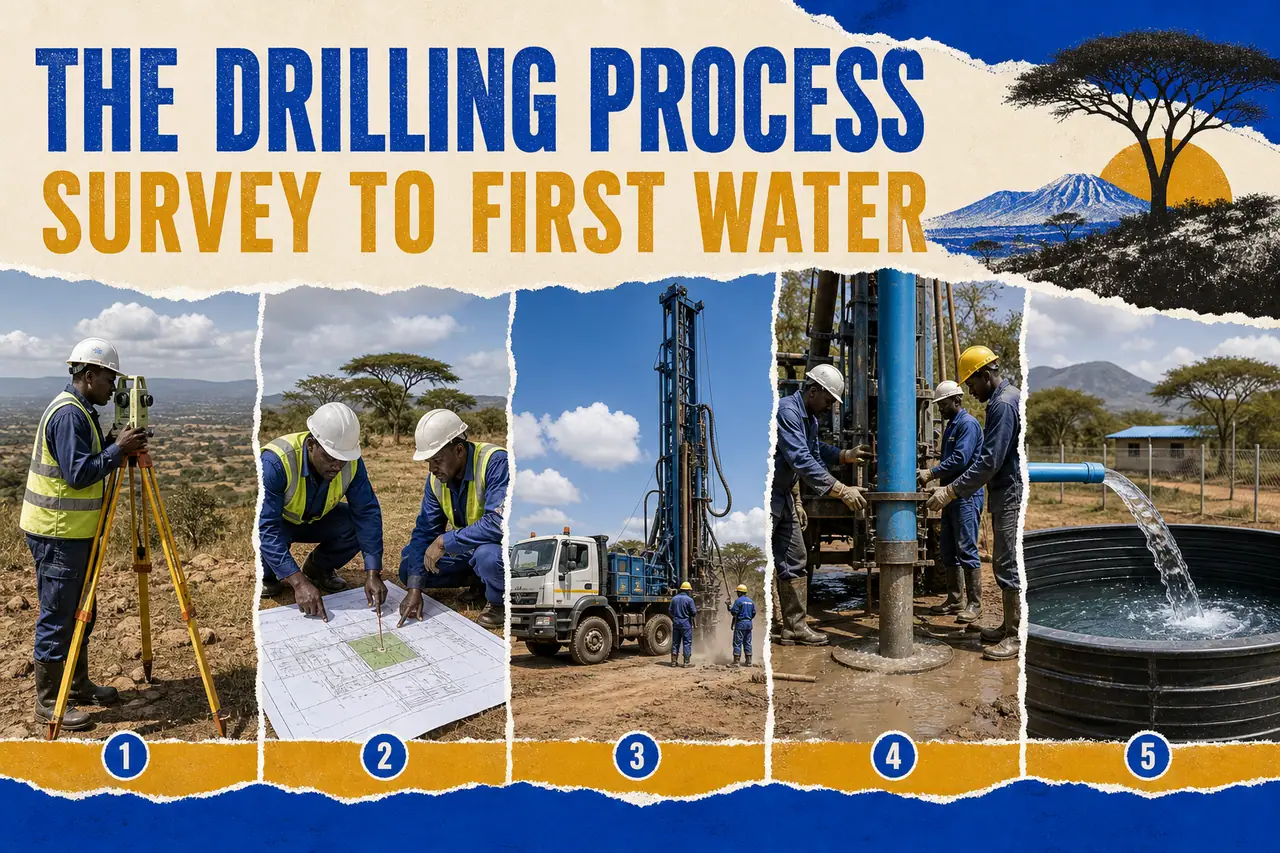 Five-stage visual journey from hydrogeological survey to a working borehole in Kenya