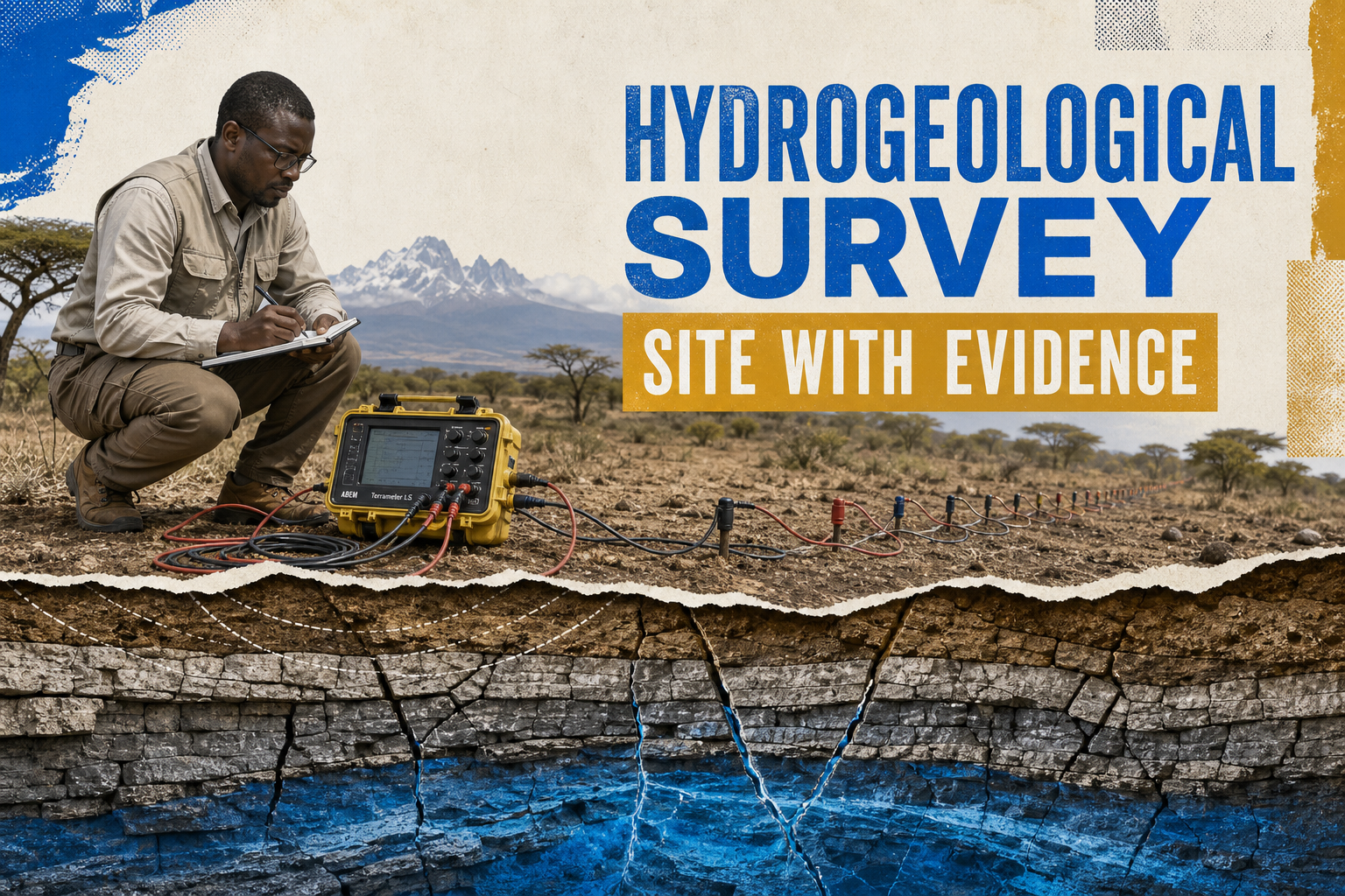 Hydrogeologist conducting a resistivity survey above layered Kenyan geology