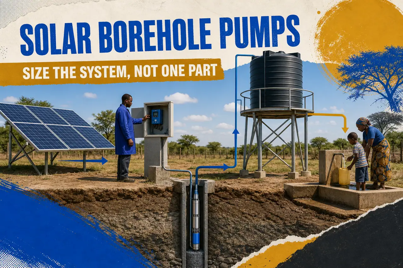 Solar panels powering a borehole pump, elevated tank and farm water points in Kenya