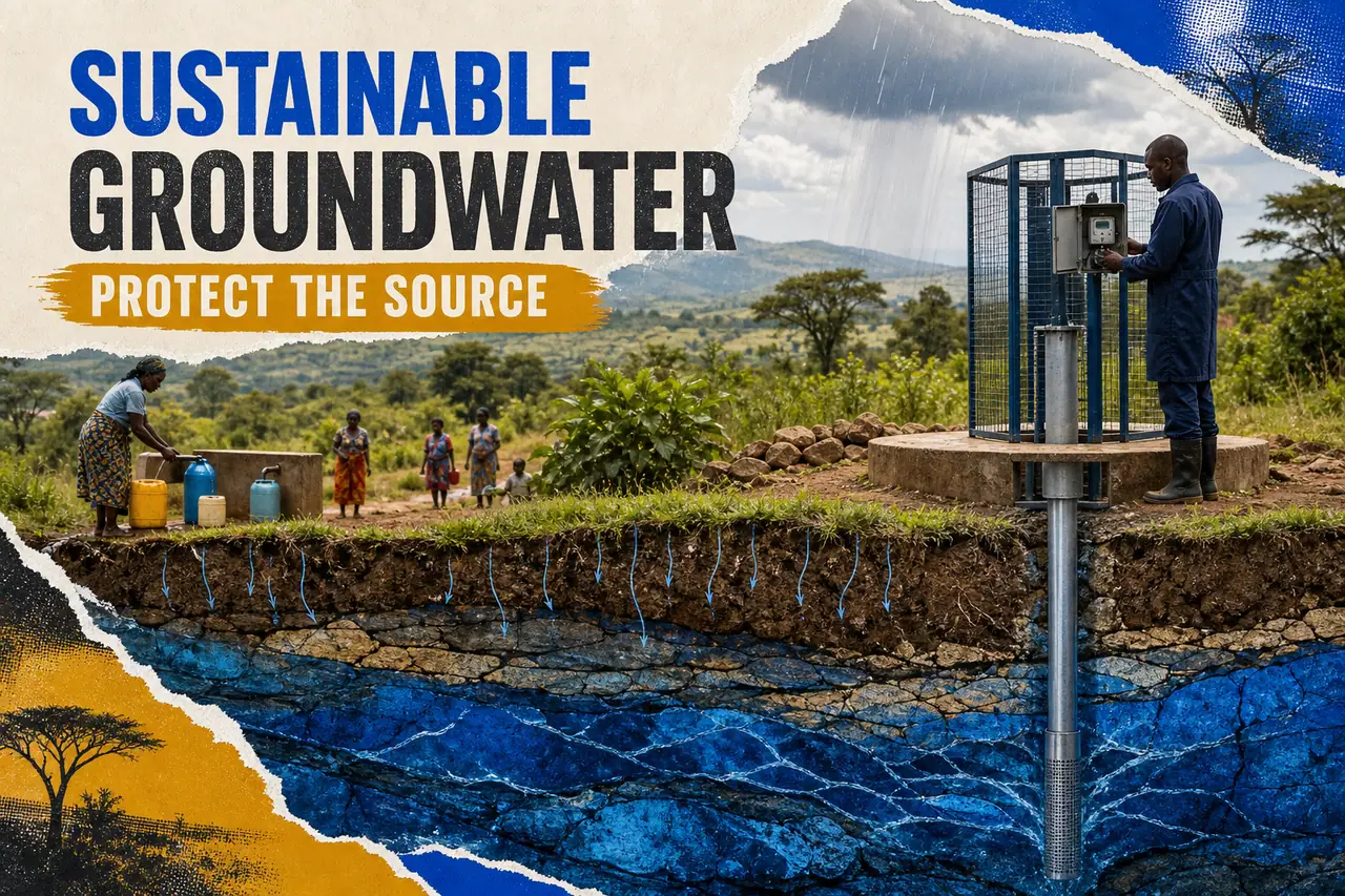 Groundwater recharge landscape showing protected borehole, aquifer, meter and responsible water use