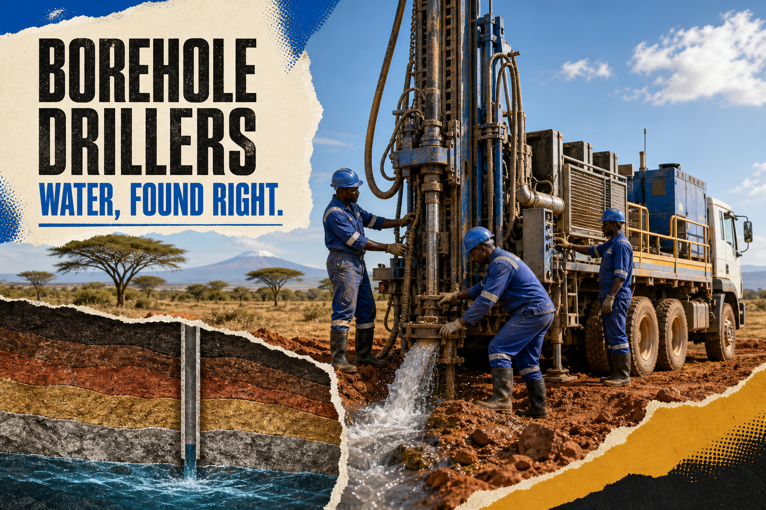 Professional borehole drilling crew working on a Kenyan site
