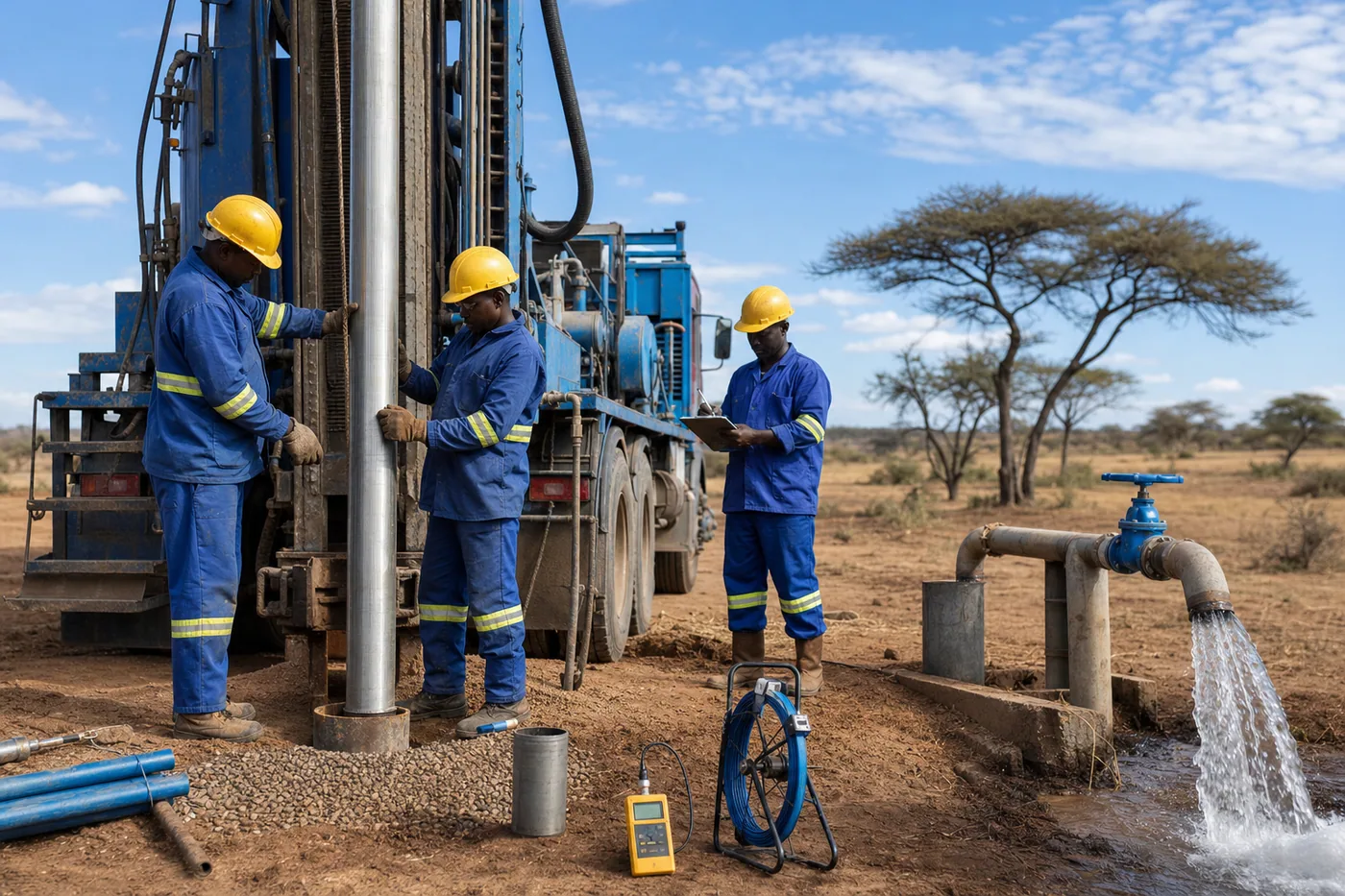 Borehole casing and controlled pumping test during construction