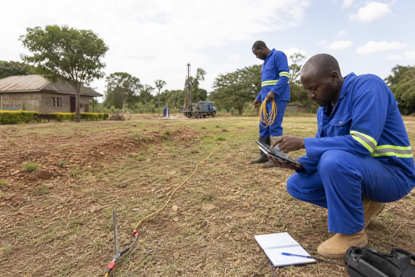 Hydrogeologist conducting a field assessment before borehole drilling in Kenya