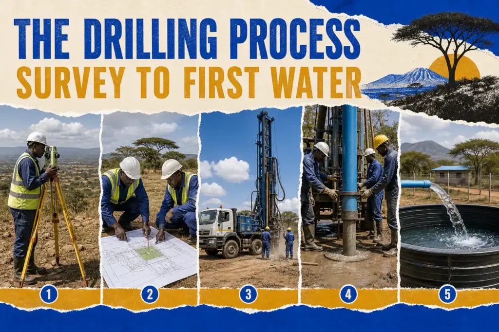 Five-stage visual journey from hydrogeological survey to a working borehole in Kenya